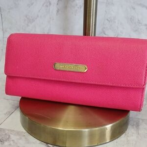 Michael Kors Hot Pink Saffiano Fold-Over Wallet with Gold Plaque